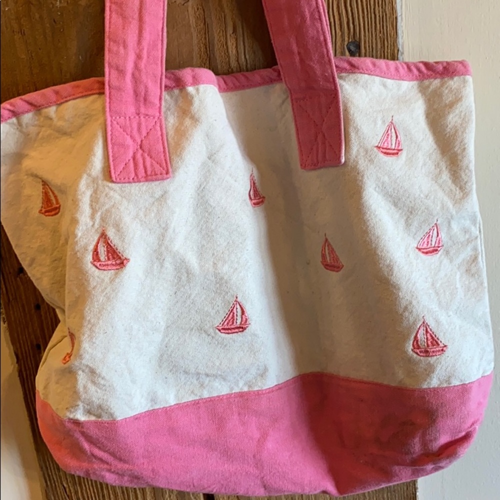 Embroidered pink canvas beach tote